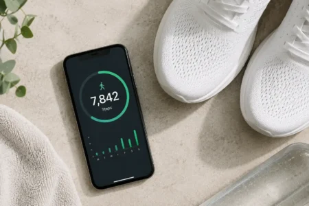 A flat lay of a smartphone showing a step counter at 7,842 steps, a pair of white sneakers beside it, and a small water bottle on a light neutral surface. Clean, minimal, natural light. No text overlays.yes or no to walking 10000 steps daily.