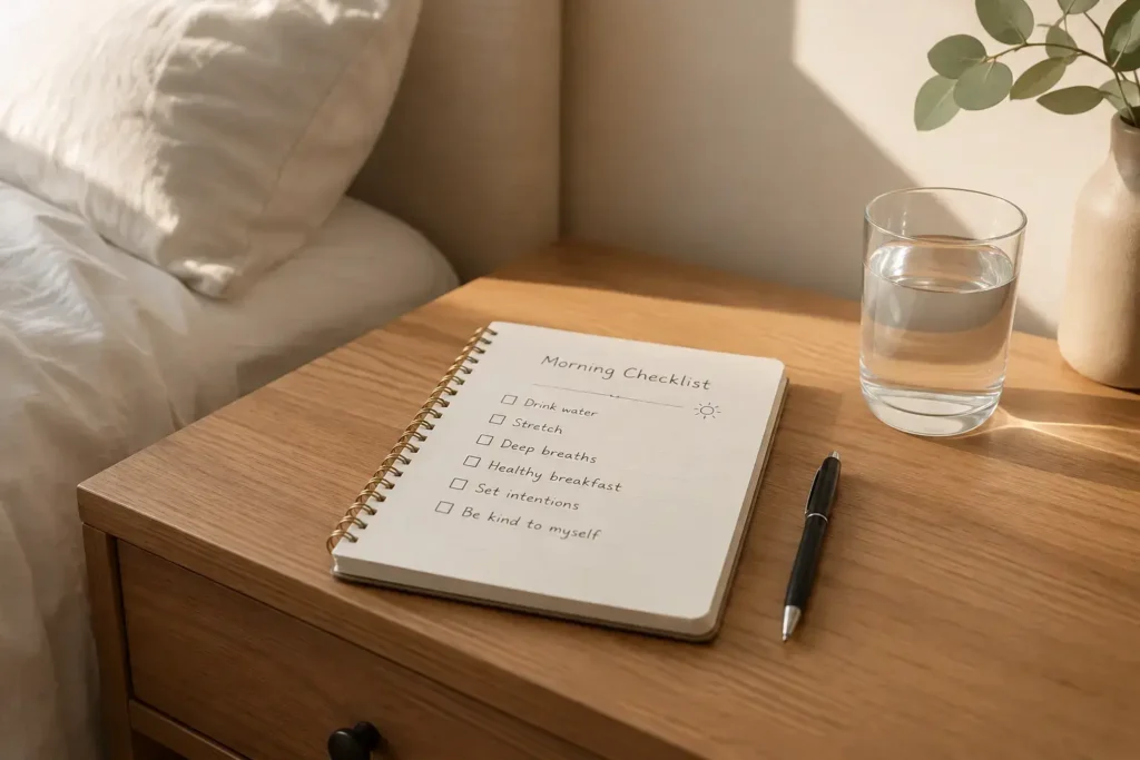 A simple morning checklist or journal on a bedside table with a pen and a glass of water, minimal and calm styling.