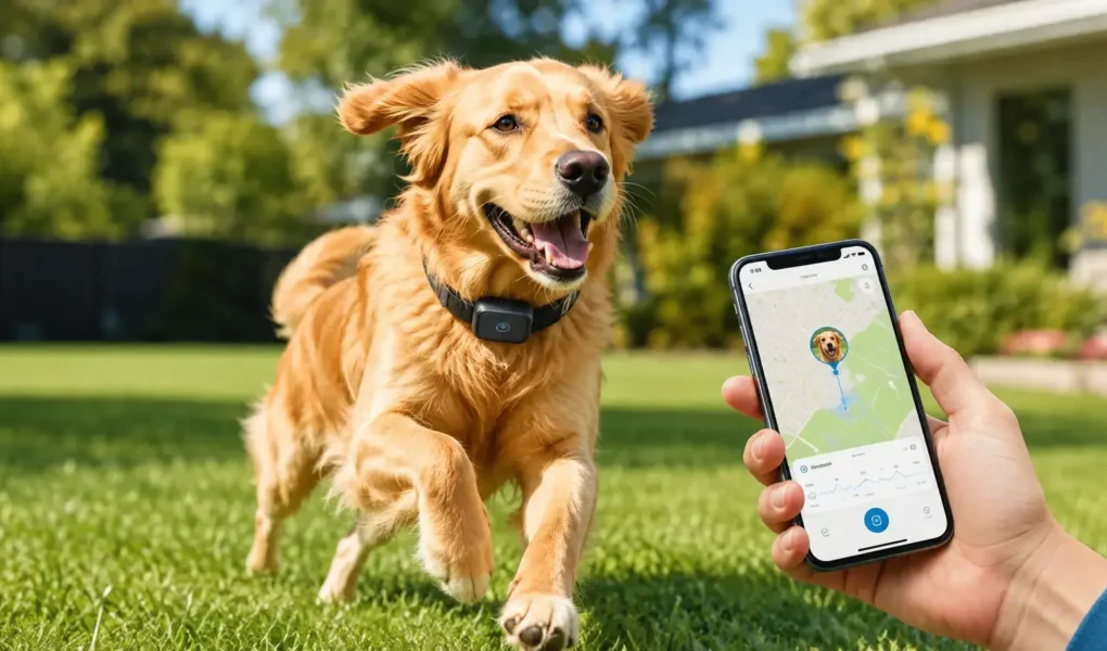 A dog wearing a sleek GPS tracker collar running happily in an open backyard or park, bright daylight, an owner's phone visible showing a tracking app nearby- yes or no to GPS trackers for pets featured image.