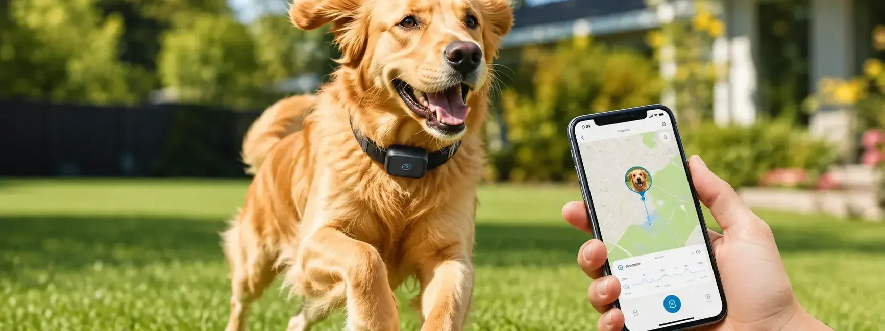A dog wearing a sleek GPS tracker collar running happily in an open backyard or park, bright daylight, an owner's phone visible showing a tracking app nearby- yes or no to GPS trackers for pets featured image.