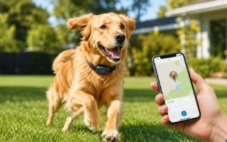 A dog wearing a sleek GPS tracker collar running happily in an open backyard or park, bright daylight, an owner's phone visible showing a tracking app nearby- yes or no to GPS trackers for pets featured image.