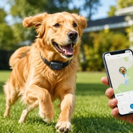 A dog wearing a sleek GPS tracker collar running happily in an open backyard or park, bright daylight, an owner's phone visible showing a tracking app nearby- yes or no to GPS trackers for pets featured image.