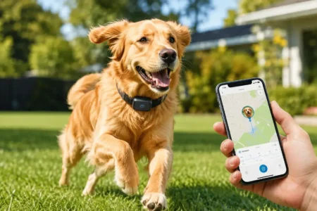 A dog wearing a sleek GPS tracker collar running happily in an open backyard or park, bright daylight, an owner's phone visible showing a tracking app nearby- yes or no to GPS trackers for pets featured image.