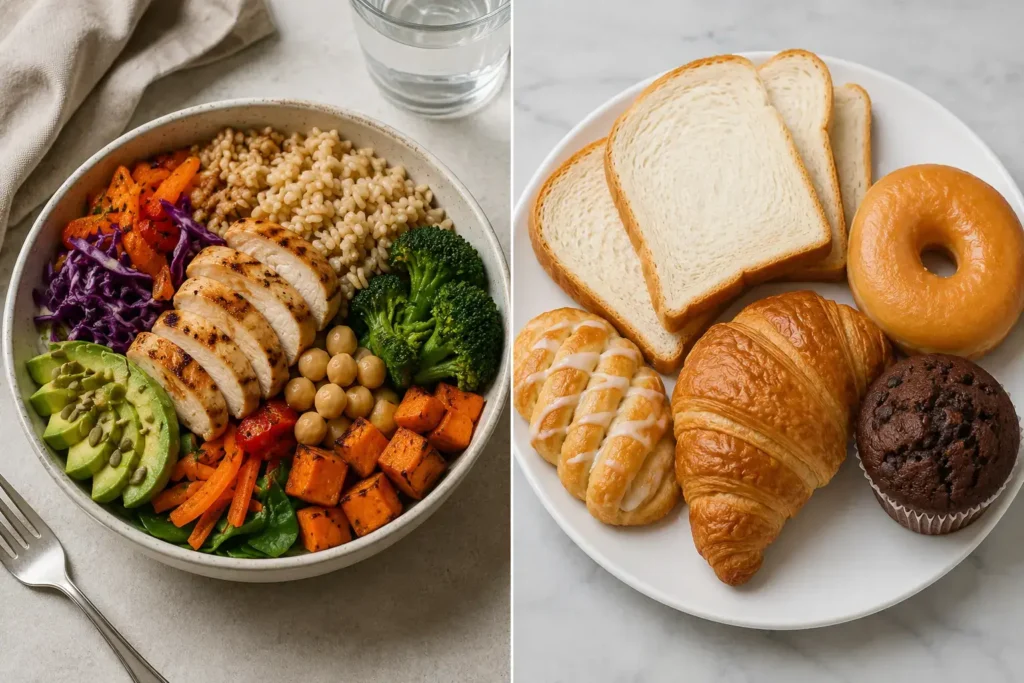 Side-by-side comparison of a whole grain dinner bowl versus a plate of refined white bread and pastries, showing the visual contrast between carb types.