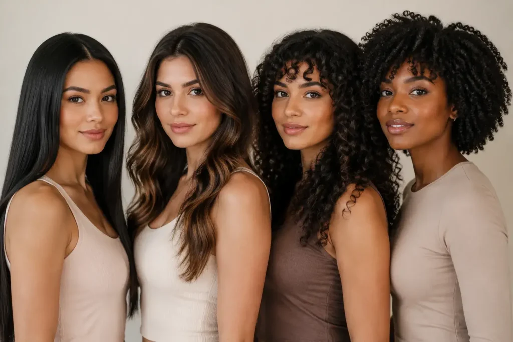 Side-by-side comparison of different hair textures (straight, wavy, curly, coily) styled neatly, clean editorial styling, no identifiable individuals.