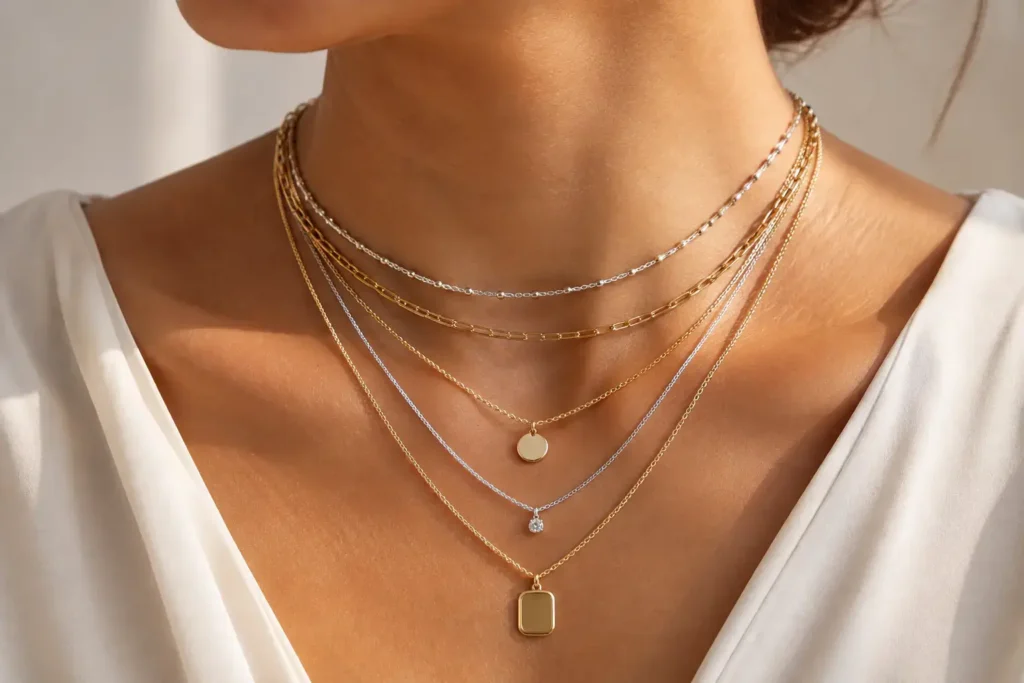 Layered gold and silver necklaces of different lengths on a neck, clean minimal outfit, editorial styling.