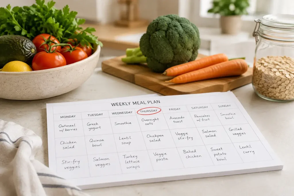 A simple weekly meal planner or calendar on a kitchen counter with one day circled, healthy groceries visible nearby, organized and calm composition.