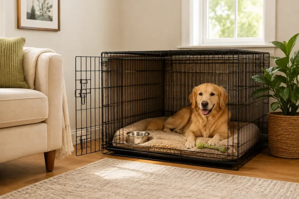 A properly sized dog crate set up with a bed, water bowl, and a chew toy in a quiet corner of a home.