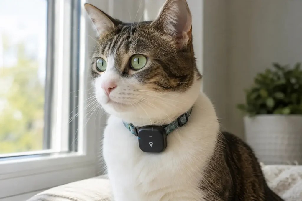 Close-up of a lightweight GPS tracker clipped onto a cat's breakaway collar, calm cat sitting indoors near a window.