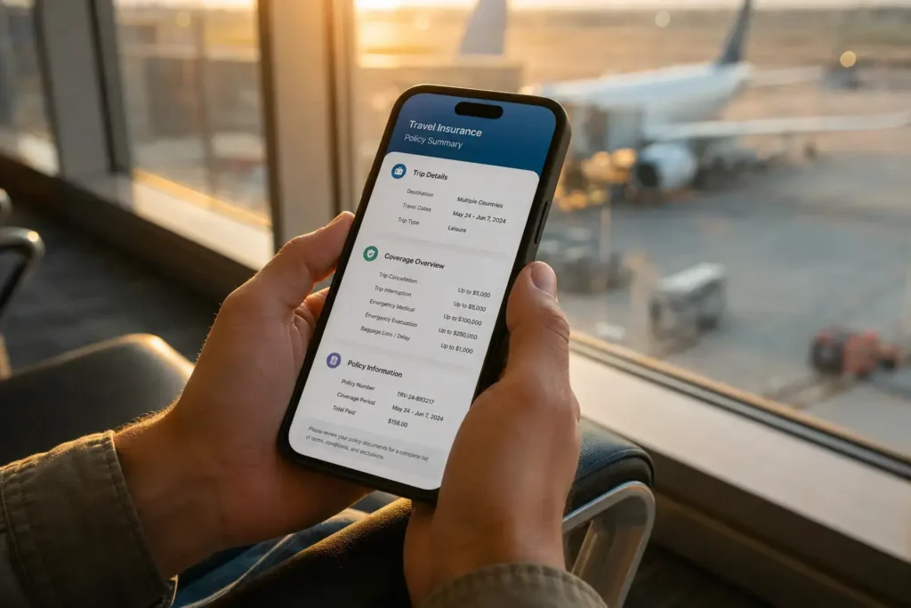 benefits of travel insurance for short trips shown on a phone at the airport