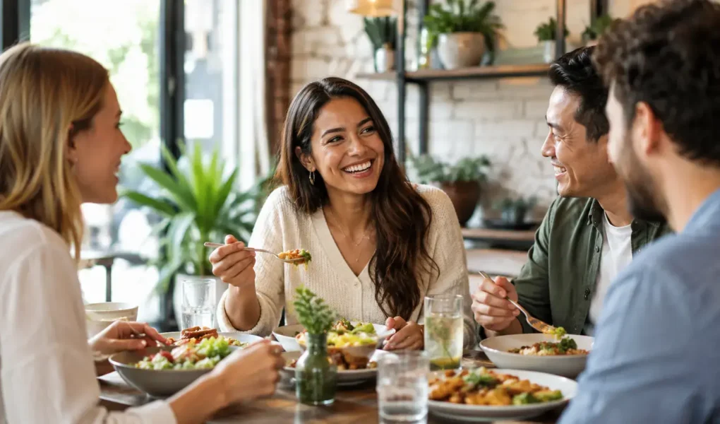 A person enjoying a balanced, appealing meal with friends at a casual restaurant table, warm natural lighting, relaxed and positive mood, no exaggerated or excessive food styling.