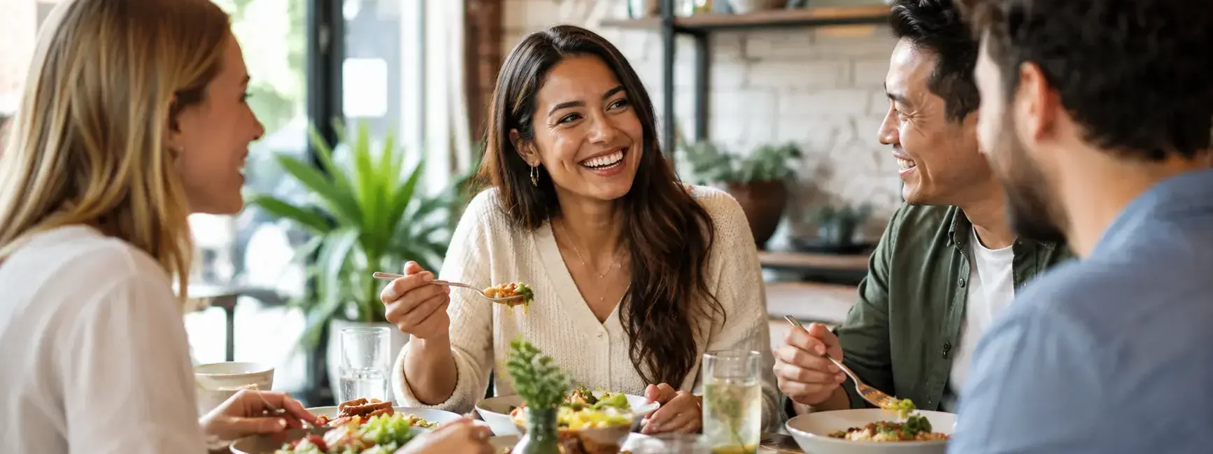 A person enjoying a balanced, appealing meal with friends at a casual restaurant table, warm natural lighting, relaxed and positive mood, no exaggerated or excessive food styling.