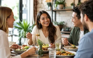 A person enjoying a balanced, appealing meal with friends at a casual restaurant table, warm natural lighting, relaxed and positive mood, no exaggerated or excessive food styling.