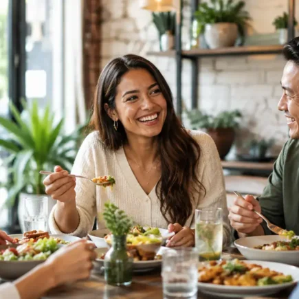 A person enjoying a balanced, appealing meal with friends at a casual restaurant table, warm natural lighting, relaxed and positive mood, no exaggerated or excessive food styling.