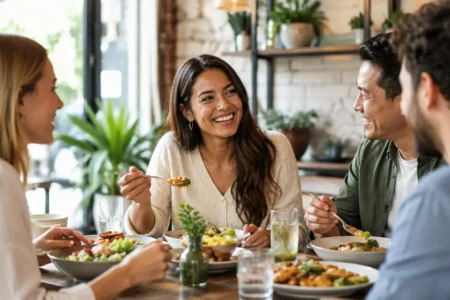 A person enjoying a balanced, appealing meal with friends at a casual restaurant table, warm natural lighting, relaxed and positive mood, no exaggerated or excessive food styling.