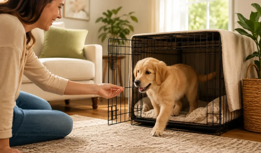 A puppy voluntarily walking into an open crate to get a treat, owner sitting nearby encouraging, bright and positive home setting. crate training approach by dog type and age.