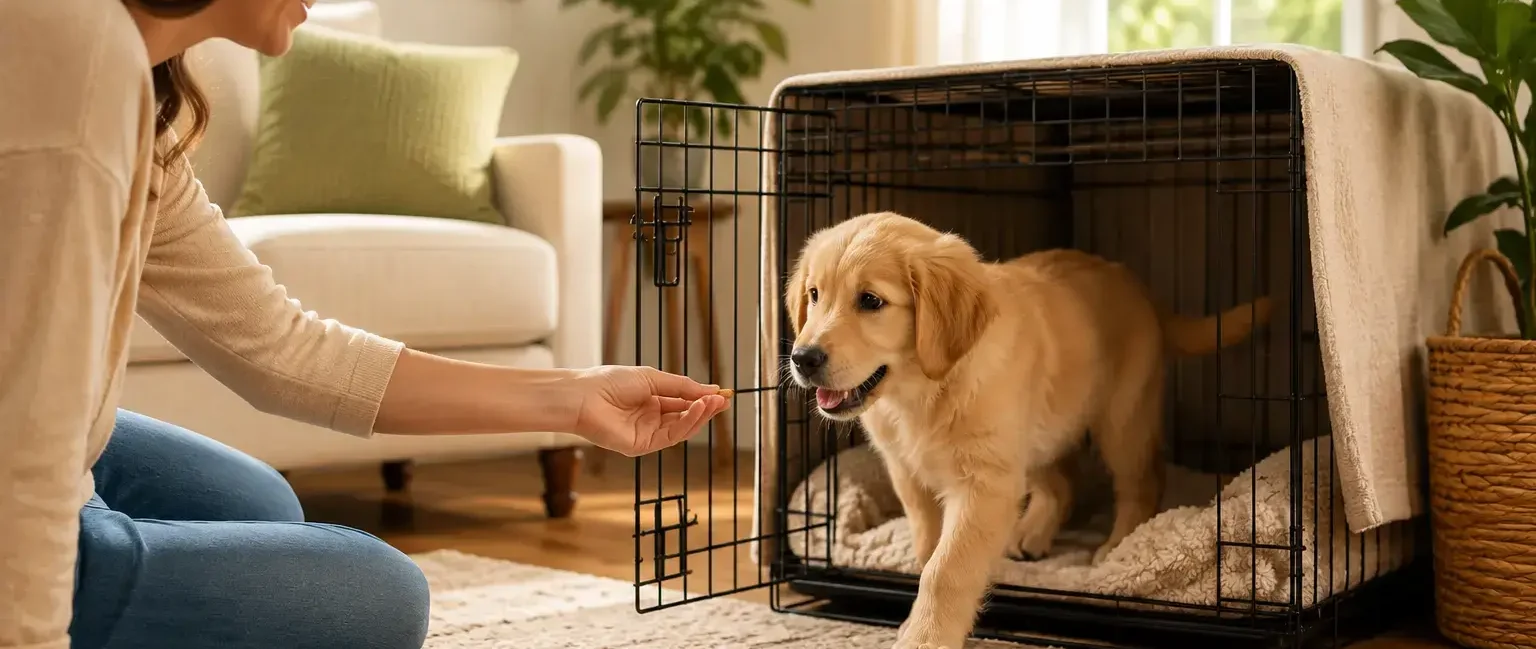 A puppy voluntarily walking into an open crate to get a treat, owner sitting nearby encouraging, bright and positive home setting. crate training approach by dog type and age.