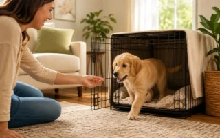 A puppy voluntarily walking into an open crate to get a treat, owner sitting nearby encouraging, bright and positive home setting. crate training approach by dog type and age.