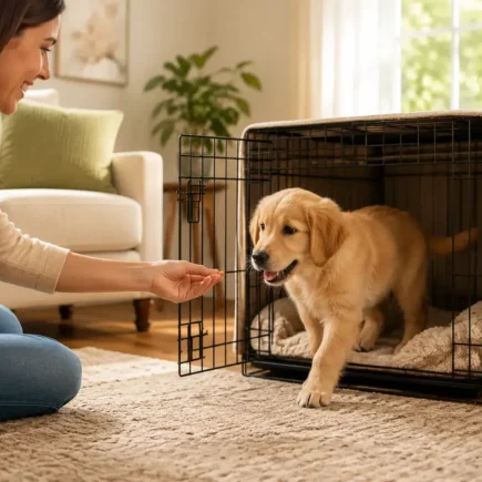 A puppy voluntarily walking into an open crate to get a treat, owner sitting nearby encouraging, bright and positive home setting. crate training approach by dog type and age.