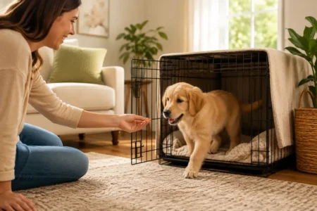 A puppy voluntarily walking into an open crate to get a treat, owner sitting nearby encouraging, bright and positive home setting. crate training approach by dog type and age.