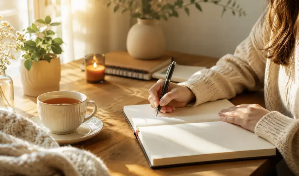 A person writing in a journal at a cozy desk with a warm cup of tea nearby, soft morning light, calm and inviting atmosphere-yes or no to daily journaling featured image.
