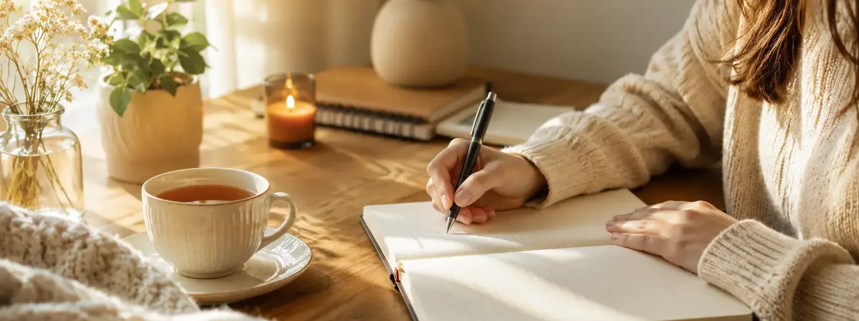 A person writing in a journal at a cozy desk with a warm cup of tea nearby, soft morning light, calm and inviting atmosphere-yes or no to daily journaling featured image.