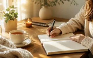 A person writing in a journal at a cozy desk with a warm cup of tea nearby, soft morning light, calm and inviting atmosphere-yes or no to daily journaling featured image.
