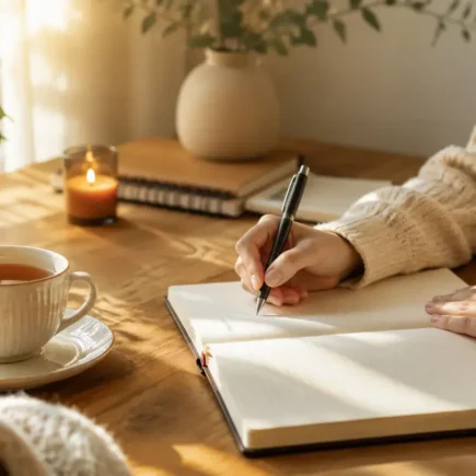 A person writing in a journal at a cozy desk with a warm cup of tea nearby, soft morning light, calm and inviting atmosphere-yes or no to daily journaling featured image.