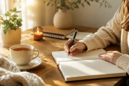 A person writing in a journal at a cozy desk with a warm cup of tea nearby, soft morning light, calm and inviting atmosphere-yes or no to daily journaling featured image.