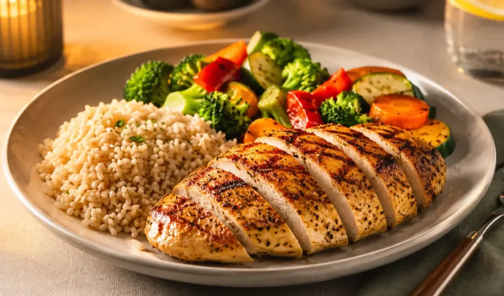 A balanced dinner plate with brown rice, grilled protein, and colorful vegetables, warm evening lighting, clean modern table setting.yes or no to eating carbs at dinner featured image.