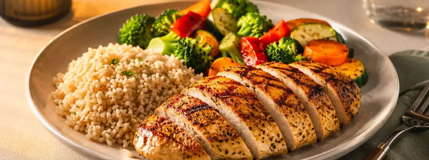 A balanced dinner plate with brown rice, grilled protein, and colorful vegetables, warm evening lighting, clean modern table setting.yes or no to eating carbs at dinner featured image.