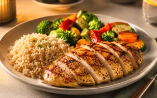 A balanced dinner plate with brown rice, grilled protein, and colorful vegetables, warm evening lighting, clean modern table setting.yes or no to eating carbs at dinner featured image.