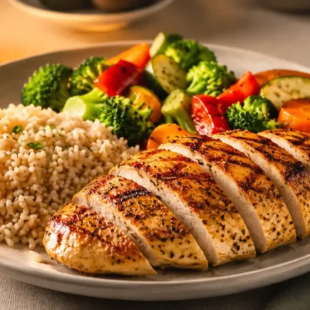 A balanced dinner plate with brown rice, grilled protein, and colorful vegetables, warm evening lighting, clean modern table setting.yes or no to eating carbs at dinner featured image.