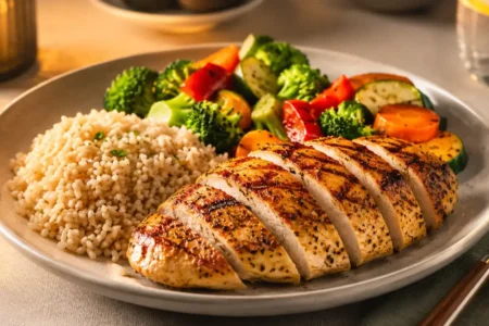 A balanced dinner plate with brown rice, grilled protein, and colorful vegetables, warm evening lighting, clean modern table setting.yes or no to eating carbs at dinner featured image.