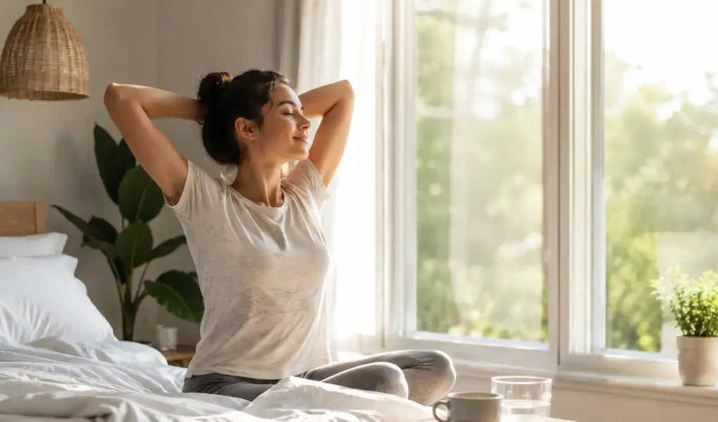 A person calmly stretching by a bright window in the early morning, a cup of water or coffee nearby, soft natural light, uncluttered bedroom setting-yes or no to morning routines featured image.