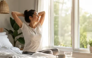 A person calmly stretching by a bright window in the early morning, a cup of water or coffee nearby, soft natural light, uncluttered bedroom setting-yes or no to morning routines featured image.