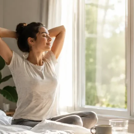 A person calmly stretching by a bright window in the early morning, a cup of water or coffee nearby, soft natural light, uncluttered bedroom setting-yes or no to morning routines featured image.