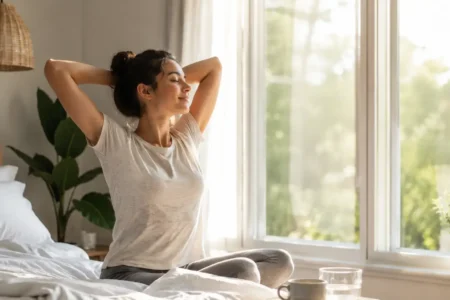 A person calmly stretching by a bright window in the early morning, a cup of water or coffee nearby, soft natural light, uncluttered bedroom setting-yes or no to morning routines featured image.