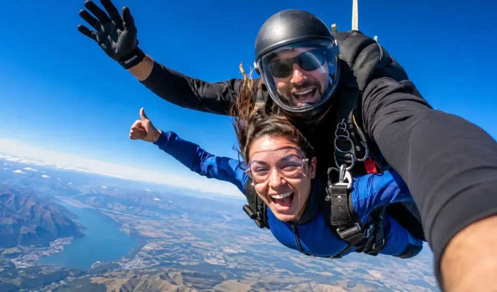 A tandem skydiving pair in freefall against a clear blue sky, visible parachute pack, wide open landscape below, exhilarated expression - yes or no to skydiving featured image.