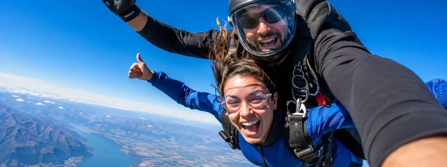 A tandem skydiving pair in freefall against a clear blue sky, visible parachute pack, wide open landscape below, exhilarated expression - yes or no to skydiving featured image.