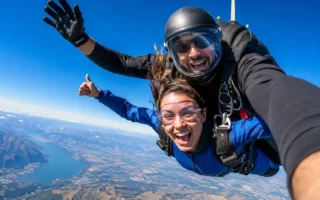 A tandem skydiving pair in freefall against a clear blue sky, visible parachute pack, wide open landscape below, exhilarated expression - yes or no to skydiving featured image.