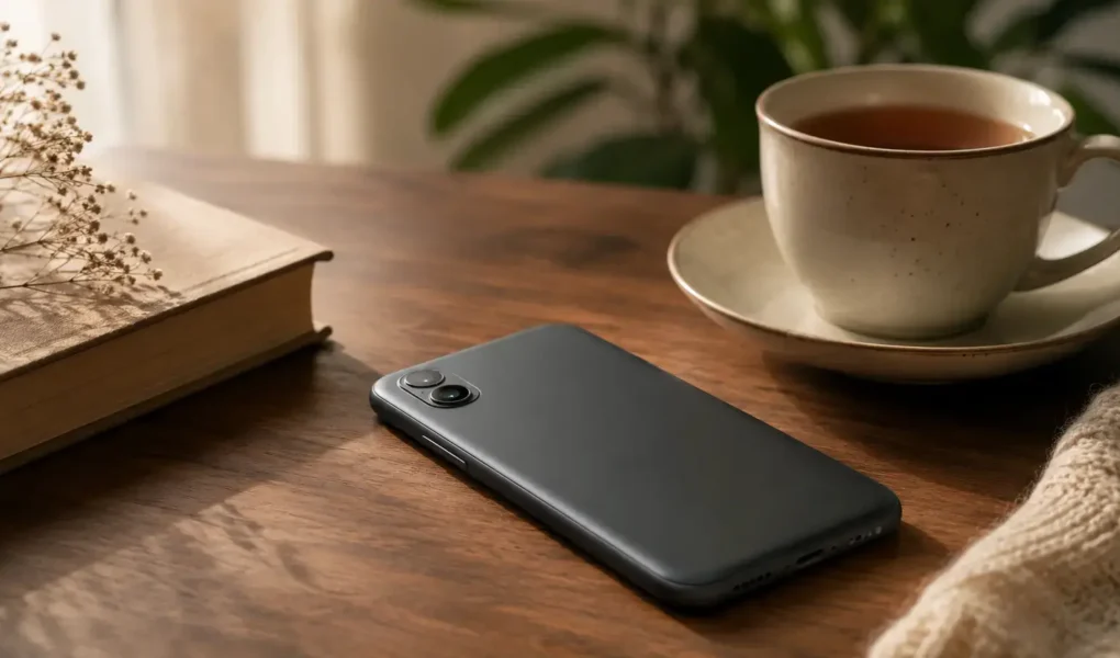 A phone placed face-down on a table next to a book and a cup of tea, soft natural light, calm and intentional mood, no visible app icons or branding - yes or no to taking a social media break featured image.