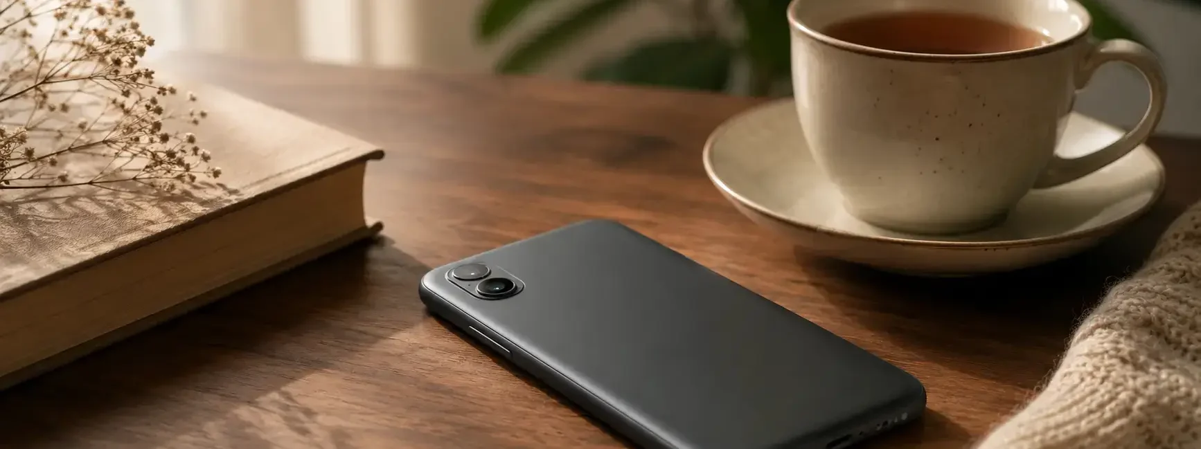 A phone placed face-down on a table next to a book and a cup of tea, soft natural light, calm and intentional mood, no visible app icons or branding - yes or no to taking a social media break featured image.