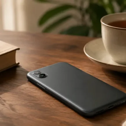 A phone placed face-down on a table next to a book and a cup of tea, soft natural light, calm and intentional mood, no visible app icons or branding - yes or no to taking a social media break featured image.