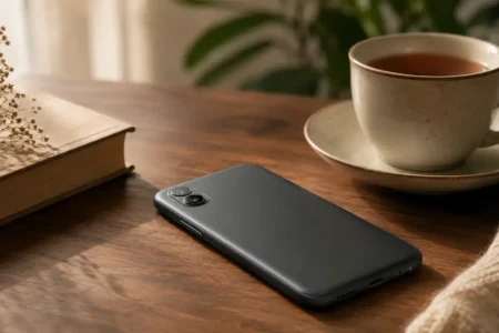 A phone placed face-down on a table next to a book and a cup of tea, soft natural light, calm and intentional mood, no visible app icons or branding - yes or no to taking a social media break featured image.