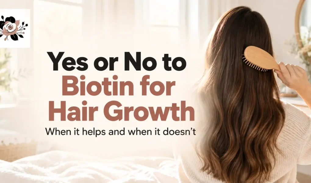 Woman brushing long brown hair beside the headline “Yes or No to Biotin for Hair Growth” on YesVsNo.net.