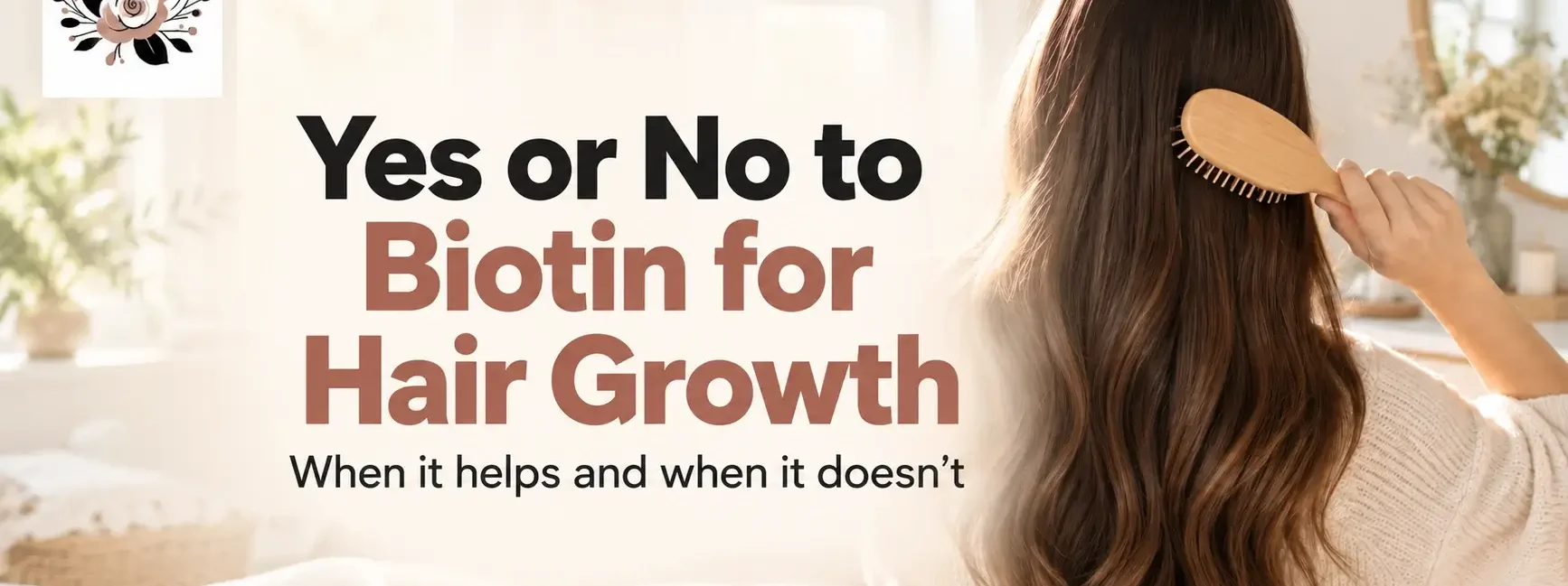 Woman brushing long brown hair beside the headline “Yes or No to Biotin for Hair Growth” on YesVsNo.net.