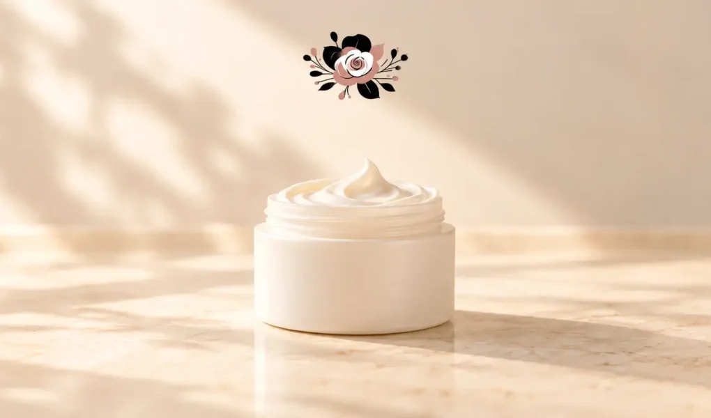 Open white skincare cream jar with whipped cream on a pale stone bathroom counter in warm natural morning light, with floral logo.