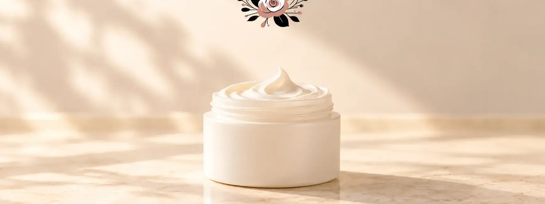 Open white skincare cream jar with whipped cream on a pale stone bathroom counter in warm natural morning light, with floral logo.
