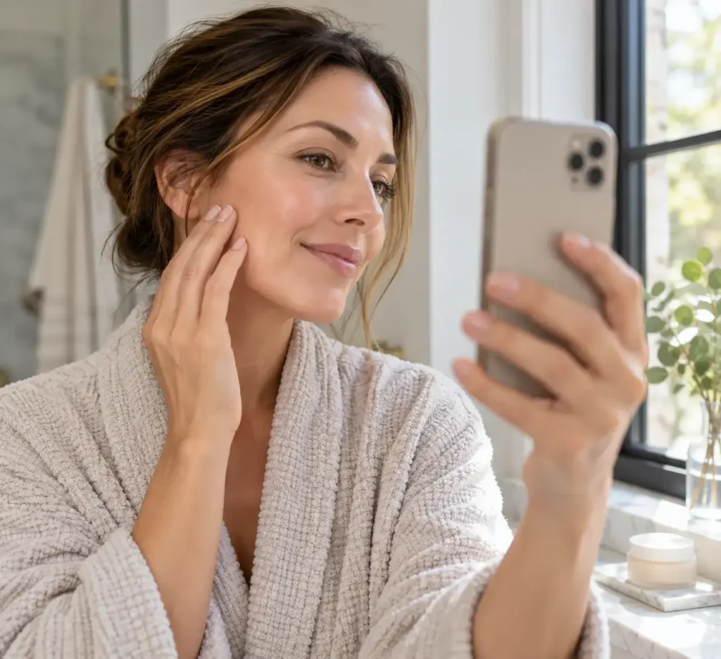 Woman in her late 30s taking a close-up cheek selfie beside a bathroom window, checking her skin with a small unbranded skincare cream jar on the windowsill.
